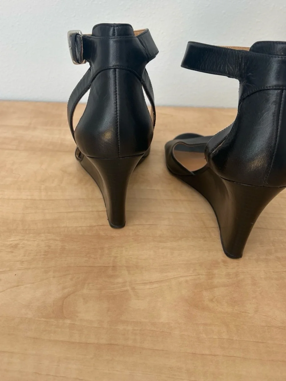 Nine West Black Leather Ankle-Strap Wedge Sandals